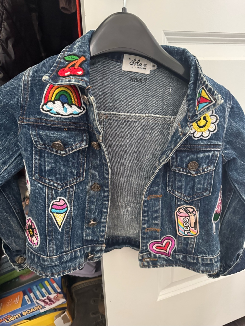 Lola + The Boys Blue Denim Jacket with Colorful Patch Details